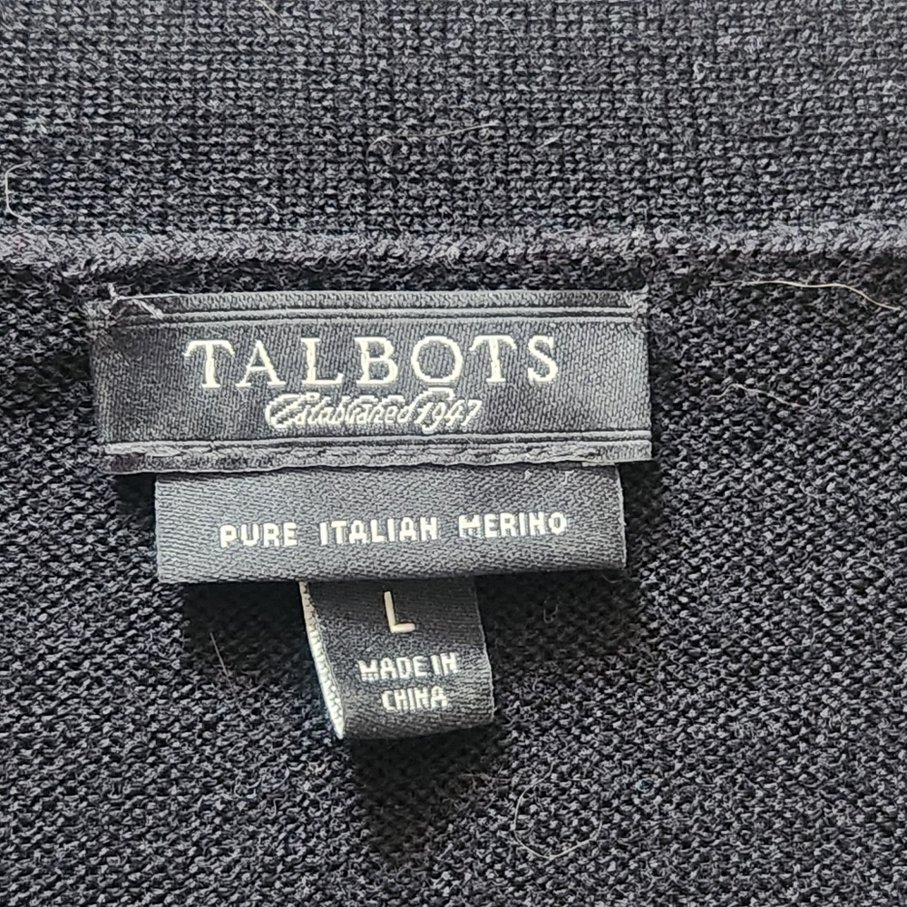 TALBOTS Women's Cardigan Large Black Argyle Preppy Academic Merino Wool Sweater - Picture 2 of 8